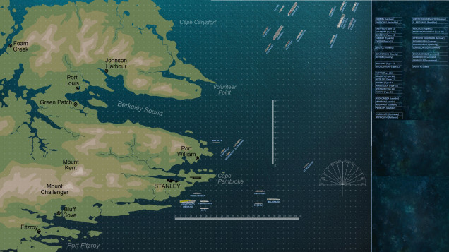 Just one image, but it's a big one.  So please click on it to expand for best viewing.  A roughly 1/3 scale (each inch grid = 1 km) ops map of normal Naval Command rules scale (where 1cm = 1nm, or roughly 1:120,000 - this map is roughly 1:40,000).  Ships are measured at roughly 1:3000 (750 foot carriers = 3 inches).  So the ships and the map are NOT to scale, the yellow dot in the center of each ship piece marks is actual location.  For the record, this is NOT how the fleets were ever deployed.  As some of you may know, the Falklands NEVER looked like this.  Just putting the counters on the table and seeing how they look.  The actual naval operations in the Falklands War were a lot more dispersed, with smaller actions taking place across dozens or hundreds of miles at places sometimes over 1,000 miles apart (if you include the actions at the South Georgia islands).  But in summary, this is the kind of game we're shaping up for naval ops in the Falklands.  