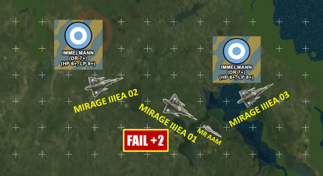 Mirages, pushing 950 knots, try to pull Immelmans to vector toward the sidestepping Harriers (both just executed successful barrel rolls + turn maneuvers).  One Mirage fails the roll, but still manages a lock with SARH R.550 