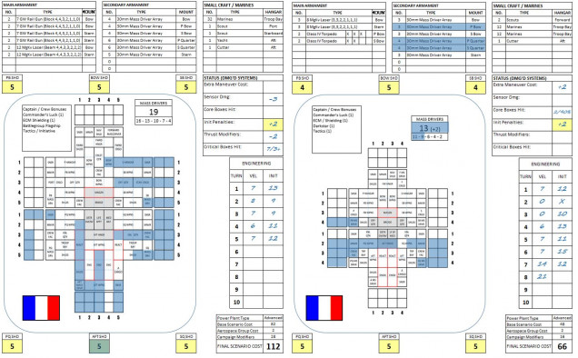 Some of the French ships after the battle.  You can see where the Leclerc (left) had her portside reactor and centreline engine blown away, and suffered damage to her starboard reactors as well.  She straight-out got lucky here, with 7 critical compartments hit and light cruisers starting on a 10+, Damon only needed a 3+ to cripple her JUST as she broke free of the planet’s atmosphere (10 starting number– 7 crit hits = 3+ target).  But Damon rolled a 1, and Leclerc will return to port under her own power.   Note the -3 for sensor damage, Leclerc lost THREE sensor suites in that fight, by the time she frinally powered off the table she was practically firing half-blind.  One of her escorting destroyers, NRS Corsica, was hit twice by jovian lightning, and more than once by British guns.  Three mass driver arrays are lost, as well as two maneuvering thrusters, never a good thing in a gas giant battle.  