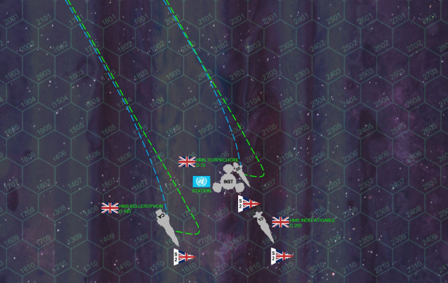 Note that gravity in these games is much, much stronger than in other Darkstar games.  Depending on your speed and direction, it can not only pull your ship “down” at the end of your movement (and more than one hex too, in some cases), but also affect the ship’s velocity.  If your ship’s velocity ever gets too low, it can actually change your direction.  Here we see Damon’s ships come on the map.  The green dotted line shows how the ships move in game terms, given conditions set by their depth in the atmosphere, direction, and speed.  In short terms, at the end of their movement they are pulled one hex left, or “down” in this case, and the velocity reduced by one.  Of course, gravity is effecting the ship’s course the whole time, so the blue tracks show what’s “really” happening.  Note the destroyer Terpsichore, which Damon navigated perfectly, using the planet’s gravity to actually put him into position to dock with the first station on Turn 1.  He He enters at velocity of 7, travels 7 hexes, he puts all 6 thrust into deceleration, thus reducing velocity to 1, gravity pulls him down one hex, AND reduces his speed from1 to zero, a perfect slingshot that puts his 45,000 ton destroyer into position to dock with the first installation (ends movement in the hex at velocity zero).  Cruisers Bellerophon and Indefatigable power forward to cover the rescue attempt from French knavery.  Well done!  Even so, opening barrages from French lasers (very long ranged and pin-point accurate) slash into Indefatigable’s starboard bow.