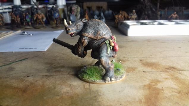 The one original painted miniature from my earlier Runequest project, the Fenris Rhinoman, which will remain unaltered as I love this figure.