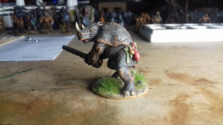 The one original painted miniature from my earlier Runequest project, the Fenris Rhinoman, which will remain unaltered as I love this figure.