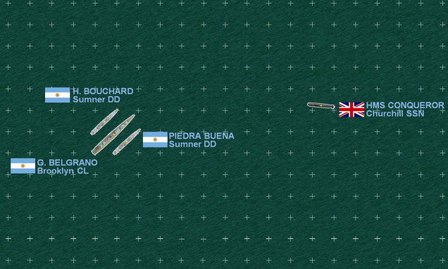 The one major part of the naval war that really did happen, the fateful encounter between the British nuclear submarine HMS Conqueror and the Argentinian cruiser Belgrano.  Note there are no ASW helos launched, dropping sonobuoys or ASW torpedoes.  That's because Belgrano is an old American WW2 light cruiser, and her escorts are old American WW2 Sumner class destroyers.  No helicopter pads.  Not good.  In modern naval combat, helicopters play an absolutely crucial role - not so much in combat, but in keeping your fleet safe, and keeping you informed.