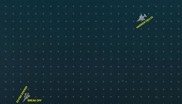 The last Mirage is desperate to get off the southern end of the board and disengage. He is helped when Harrier 01 fails an Immelman maneuver, trying to double back at the Mirage as he breaks southwest.  The game ends at the end of Turn 05, with one Sea Harrier shot down, and one Mirage III shot down.  Given than the whole British task force only has 20 Harriers, and the Argentinian Air Force and Navy have 200 combat aircraft between them, they can afford to trade the British 1-1.  As reflected in the published scenario victory conditions, the game result is actually a partial Argentina Victory.