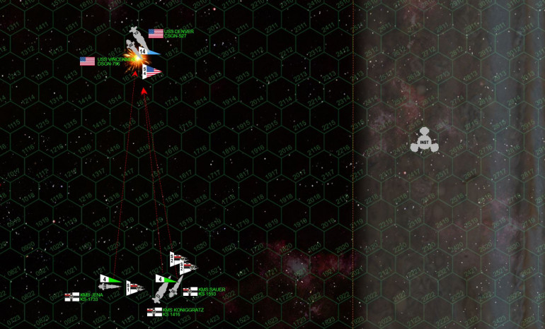 The Americans and Prussians make their initial approaches.  The Americans go for a bow-on approach, intent on launching a full spread of Mk 48 gravitic torpedoes (“14” counter).  The Prussians, despite losing initiative for the most part, fire off with front guns except for the scrappy little frigate Jena, who turned fast enough to preset her fearsome little broadside.  Hey, don’t laugh, she scores a lot of hits! 