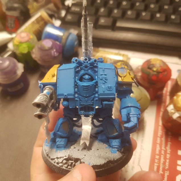 Progress on Chapter Master Vandels. He is a Venerable Dreadnought and in keeping with his former Position as First Company Captain of the Knights of the Blades his Dreadnought Maintains their colours.