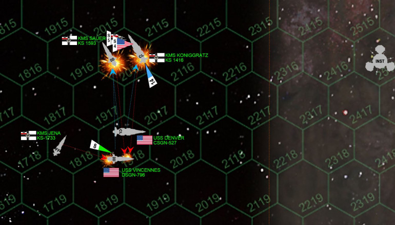  I get lucky once again and largely win initiative.  So as the Prussians make a port turn toward me (fighting the planet’s gravity as they pull out of their shallow dive, I’m able to sidestep to starboard and then cut a hard turn to port, dropping in directly astern with a full broadside.  Excellent gunnery position, really the best spot in the game for a broadside, the problem is I am now spearing down like a javelin directly toward the gas giant’s atmosphere.  If one of my ships loses power now … And again the Jena cuts behind me, ready to drop a point-blank broadside of her own.  The gunfire is insane.  Four of my torpedoes get through the mass drivers and the shields, slamming into the stern of the Koniggratz.  This, followed up by the blistering broadside of the Denver’s EPC batteries, quickly cripples the ship.  FULL DISCLOSURE: We forgot to fire Elessar2590’s scouts at my torpedoes, he WOULD have shot at least one of them down, this MIGHT have made a difference, but would have just meant I would have to fire ALL Denver’s guns against the Koniggratz.  As it stands, the Denver’s lasers swivel on the escort destroyer Sauer, slicing her open so the guns and smaller lasers of the destroyer Vincennes can finish her off as well.  Just that fast, the Americans have torn the heart out of the Prussian battlegroup.  However, the little Jena pounds away at the Vincennes’ stern, and actually leaves her with fires in engineering.  As they were being crippled … the AFT guns of the Koniggratz and Sauer also hammered into the port bow of the Vincennes, detonating her forward magazine.  Vincennes has a 4+ chance of being crippled at this point, her life hangs by a literal 50-50 thread … 