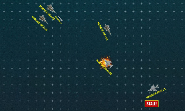 Sea Harrier 02 tries to cover his leader, but earns two sustained bursts of cannon fire from two of the Mirages. Fortunately they're at extreme range, so little damage is done.  Control surfaces are damaged, however, leaving the Harrier less maneuverable.  He also slings a Sidewinder back at the Mirages, scores a hit (the Mirage fails his Break turn), but on a 1d10 damage roll, only rolls a 2.  The Argentine pilot is WOUNDED, however.  No more high-G turns for him.    