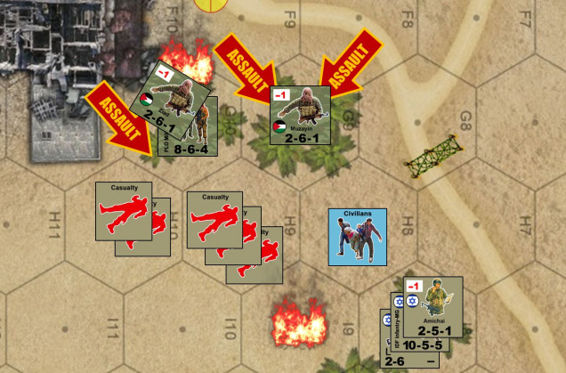 But here's where Rasmus really wins the game.  Two assaults southeast, into these woods, partially covered by orchards, ruins, and civilians.  Not only are these five casualty markers inflicted on my, but since Rasmus CONTROLS these hexes in which the casualty markers are placed (successful assaults), they count as casualties in enemy hands.  So these guys will be tortured or killed on the spot or held hostage until traded back for PLO prisoners, etc.  In game terms, it's double victory points for Rasmus on these casualty markers, and he gets x3 what I get for a casualty marker anyway.  So now it's x6 victory point awards here.  Definitely a grim day for the IDF here.