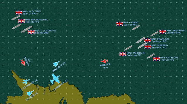 The spearhead of the British amphibious landing force approaches the north coast of East Falkland, and is about to attacked by a major Argentinian air strike launched off the mainland.  Those British destroyers and frigates have SAMs at the ready, however, and of course two flights of FRS1 Sea Harriers are vectoring in to intercept.  The Mirage IIIs and Daggers will mix up in a dogfight, while the Canberras and Etendards make their bombing runs.