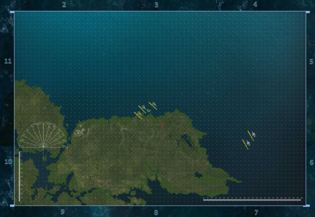 Northeastern coast of East Falkland Island, 1 May, 1982.  Two FRS1 Sea Harriers of HMS Hermes have been vectored to intercept two Argentine Mirage IIIEA interceptors launched toward the battlegroup.  Each grid on the map = roughly 1km (scale in the game is actually logarithmic).  Each inch of movement = 50 knots air speed.  Virtual gameboard is set up to reflect a 72