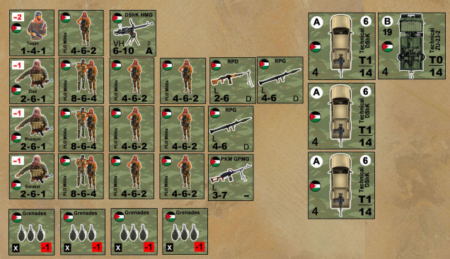 The PLO has three platoons, three technicals with DShK 12.7mm HMGs, and one big one with x2 23mm AA autocannon.