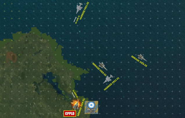 The first Sidewinder hits the lead Mirage, but explodes off my wing and only does 2 points of damage.  Sea Harrier 01 is closing to guns range, however, and will score one more hit on a high-deflection, medium range extended burst from her cannon.  It's just enough to cripple the Mirage, who's max safe speed drops from 1000 knots to 500 knots as a result.  Too bad he's currently at 650 knots (speed 13), so that's +3 over safe speed, +3 MORE damage, so that's 6 damage total.  BOOM.  Mirage is down, but the pilot punches clear with a clean ejection.  Still, that's SPLASH ONE!