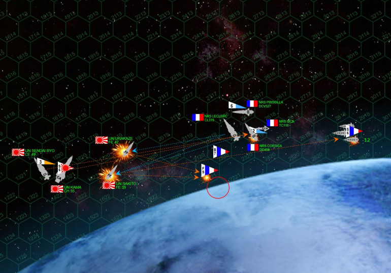 Turn 3 and things get very serious.  First the French zoom in with fighters and bombers, ready to launch an aerospace torpedo and missile strike on the Kama’s stern.  Rasmus sees the move and opens fire with long-range mass driver fire from the Urakaze and Sakito, knocking down four bombers from the carrier Priscilla.  The fighters launch as well, as well as French ground based bombers, but their torpedoes can’t quite reach the stern so they have to hit the starboard quarter.  French warship torpedoes (Class IV gravitic) hammer into the stern, but the Kama and Sendai Byo shoot most these torpedoes down.  In all,  the whole aerospace / torpedo strike is very disappointing for the French.  The only bright spot is the broadside of the light cruiser Leclerc manages to cripple the Urakaze straight away, and Leclerc’s heavy 12-megakelvin laser battery slash open the Sakito so the escorting destroyer Corsica can finish her off.  Meanwhile, the Corsica is heavily hammered by Japanese gunfire and forced to break off.  Japanese torpedoes hammer into one of the troop ships and leave it heavily damaged as well.   