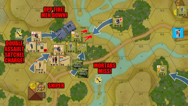 Here’s where it gets serious.  So feeling the pressure of time, Elessar2590 hurls Sgt Wheatley’s section in a right hook over that northern stream, down into the hooches with three masked counters.  No dummy counters here, that’s Lt. Tong and a full squad, including an RPG.  Opportunity fire MAULS Wheatley’s force, putting down a full squad (two casualty markers).  The assault is cancelled.  On my turn, however, I flank him twice in a double envelopment!  As I move up, one of those flanking assaults is revealed to be DUMMY counters (just trying to see if I can make Elessar cry for a moment here ... :D )  Australian opportunity fire tears up Tong’s platoon.  The remnants of Tong’s platoon (including two more fire teams I’m bringing up from the rear) tries to toss in some direct fire before I launch a counter-assault of my own.  BUT I ROLL DOUBLE SIXES!  Box Cars are the worst roll in this game, not only do I miss but an Australian sniper appears and immediately puts down the rest of Tong’s section!  STILL, I have more VC forces, Captian Vien and his female sapper section, who just happens to be carrying a SATCHEL CHARGE!  In goes the satchel charge as part of my assault, which yes ... WIPES OUT Wheatley’s force, but my own assault is now so weak (only five people, Vien plus four women in the sapper team), is also lost.  Long story short, ALMOST everything you see here is destroyed.  Last VC survivors are PINNED, which means they can’t move into Wheatley’s former hex.  This is big  news, as it means that those four Australian casualty markers remain uncaptured.  If Elessar can get help to them and evacuate them in time ...