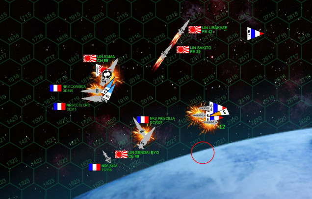 The climax of the game on Turn 4.  While the Urakaze and Sakito careen helplessly away from the moon, the French assault ships rush in.  The damaged one takes a hit from a Dragon Slayer torpedo, exploding it. Two more Dragon Slayers hit the second troop ship, leaving it burning in space until Kama’s heavy forward batteries likewise tear it apart.  Two drop ships are destroyed, and the third is heavily damaged, but WILL make it to the surface during the movement phase of Turn 5.  The Kama has her own problems, however.  As she struggles up out of the moon’s gravity well, the Leclerc and Corsica (technically heading off the table, remember), slash across her stern in a double broadside.  The move is risky, and in fact leaves the Corsica even more badly damaged.  But the Leclerc tears the Kama’s aft sections apart and cripples the heavier Japanese ship.  Meanwhile, Leclerc’s mass driver guns also shoot down the six Japanese scouts!  The carrier Priscilla is lost, however, as the Sendai Byo cuts across her stern (both ships’ hulls probably glowing red from friction with the moon’s upper atmosphere).   