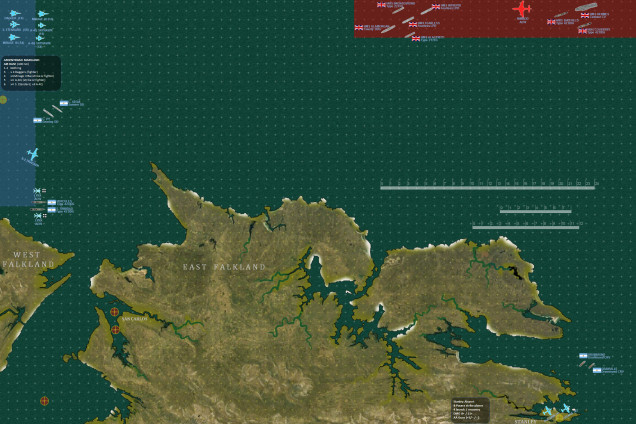 Our 6' x 4' (72 x 48 nautical miles) table for NAVAL COMMAND system.  The British are trying to get the LPD assault ships HMS Fearless and HMS Intrepid into the San Carlos Channel off of Falkland Sound, where the initial historical landings took place.  Argentinians have Pucara strike aircraft based on the damaged Port Stanley airport, lots more aircraft on their distant mainland bases almost 400 nm to the west.  We're also giving the Argentinians a little buff here, putting a few ships in these waters when historically they had been withdrawn to port after the sinking of ARA Belgrano (2 May, 1982).