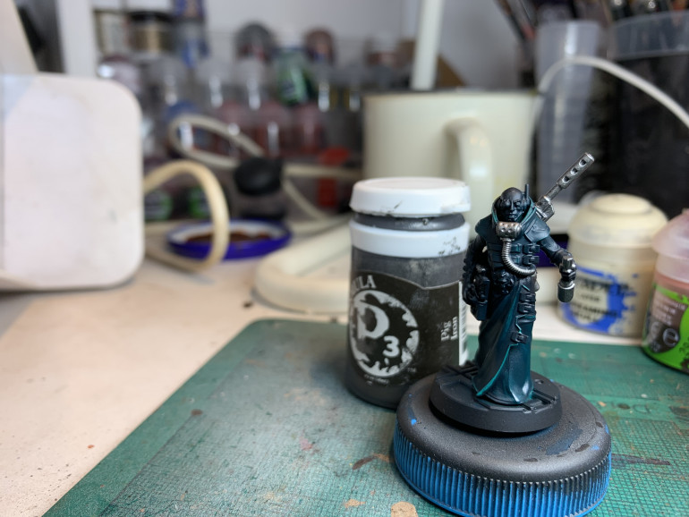 Getting the silver on. In this case Pig Iron from P3 which is my favourite. Equivalent to GW Leadbelcher in colour but I find it is slightly thinner whilst still covering well with just one coat, so a bit easier to work with. And a pot seems to last forever!