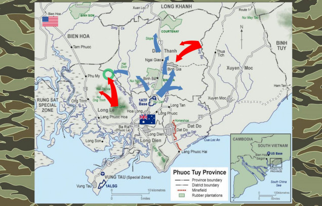 So here’s the general background.  The Australian forces in Vietnam were mostly part of the 1st Australian Task Force, or ATF, which operated almost entirely in the Phuoc Tuy prince, southeast of Saigon.  What we see here in the summer of 1968 is the aftermath of the Tet Offensive of January-February, where NLF and NVA / PAVN forces hit he Americans at Bien Hoa (upper left) very, very hard.  This was a MAJOR battle of the Tet Offensive, as Bien Hoa and Long Binh were the HQ of II Corps.  The Americans won that battle, but as Vietnamese forces tried to withdraw from the fighting, they ran across Australian blocking forces that forces some very brutal battles.  Imagine a wounded animal trying to fight its way out of a trap or out of a corner.  Faced with certain extinction, the NLF VC hit the Australians very, very  hard here in desperate efforts to force an escape route.  The Australians ensured very few made it.  In today’s game we see some of the mopping up of these spring actions, with Australian airmobile companies moving into to former VC base areas to clear last embers of post-Tet resistance.