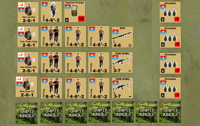 The NLF / Viet Cong force, naturally, is larger but of poorer quality.  Note the lower combat values on the counters and far fewer support weapons.  Secondly, I have no off-board artillery or (of course) helicopters.  Again, however, booby traps are all over this map.  Any time Elessar moves an infantry unit, he has to make a roll to avoid hitting one.  Also, there are civilians, which will hamper his movement and fire but not mine.  Finally, all my units are MASKED, and some of those masked units will be the “Empty Jungle” dummy counters along the bottom.  Essentially this adds a fog of war element to the game, at least for the Australians.  I always know where his units, he never knows for sure which masked counters are “real” and which are dummies, until I open fire and hopefully knock down that poor bastard on point. 