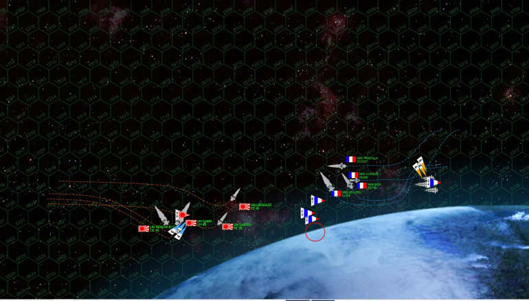 Taking the moon’s gravity into account, the French and Japanese battlegroups close to the orbital invasion zone.  The French, in particular, have dipped VERY close to the moon intent on staying out of the Kama’s full broadside of massive 18-teravolt electron particle cannons.  Those Akashi class strike frigates, meanwhile, mount ALL their guns forward, making them vulnerable but allowing them to ‘stab” right at the enemy with full firepower to bear (i.e., no need to maneuver to broadside).  