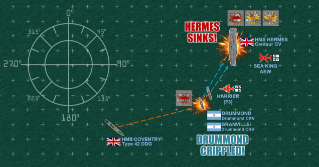 Pretty sure that I will lose that destroyer battle to the west, I send in my two corvettes on a mad attempt to win a moral victory by putting just one more “Heavy Hit” (or two “Light Hits”) on the damaged HMS Hermes.  It’s probably going to cost me both ships in the end, but I do get two more Light Hits, and Hermes fails both damage control checks (you can make damage control checks on light damage but not heavy damage).  Hermes is an irrecoverable wreck and will probably be scuttled in the coming hours or days, if she’s not sinking already.  One more flight of four Mirages arrives on Turn 4, I decide on two fighters and two strike loads.  The two strike loads are shot down long before they reach the HMS Fearless, and the fighters don’t want to tangle with three Harriers (even if the Harriers will have to pull out this turn due to fuel to make it back to emergency landings on HMS Invincible somewhere).    