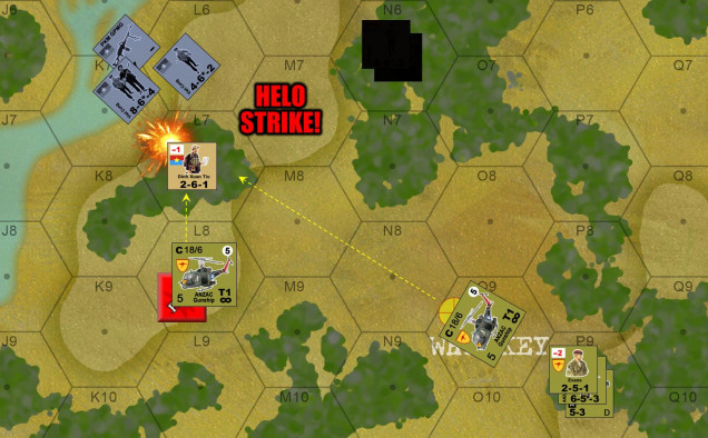 Once the helo recovers, however, it releases its frontal MGs, door MGs, and wing-mounted rocket pods.  The other helo, also fires its machine guns, but reserves its rockets for now.  Good call, because the firepower of these two birds is enough to all but wipe out Lt. Tiu’s 12-man section (full squad plus PKM machine gun section).  But who is that to the north?  Are those “real” VC units?