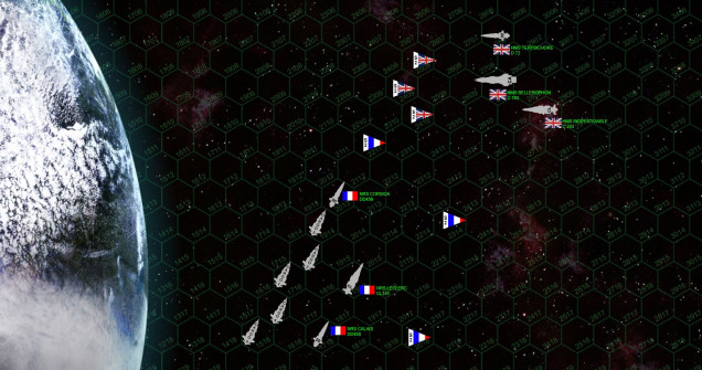 The French have an convoy of five automated drone cargo ships, entering on the bottom half of the table.  Movement on these are 7 hexes a turn, they automatically “lose initiative” and must move first every turn, they make one hex-side facing change per turn, have 3 in shields on all facings, and 10 damage points.  The French get 20 points for every one of these that successfully get off the top end of the map sheet.  The British get 20 points for every ship they destroy.   // Terrestrial gravity rules.  One hex of gravitational drift toward the planet is assessed against any non-aerospace ship (including cargo ships) that end their movement within 10 hexes of the planet’s outer rim.  Any encounter with a hex that is even partially covered by the planet graphic results in immediate and total destruction of the ship.  //  Scoring in this scenario is RAID-based, i.e., players get points for enemy warships destroyed / crippled / driven off … NOT remaining ships on the table at the end of the game.  To claim a victory, players need to score at least 40% their opponent’s beginning total, and must score at least 5% more than their opponent.   In this case, both sides have 244 points on the table, so that 40% threshold is 98 points.  This is rarely an issue, it’s just to keep players from “peeking” onto a corner of the table, releasing a hail or torpedoes, and vanishing with minimal damage inflicted, yet claiming a victory without ever really engaging in battle.       