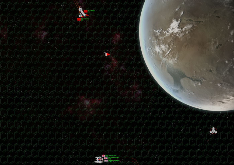 So here’s the opening map.  The Panasian battleship Honghu (Red Tiger) is on her way back from an extended war cruise.  She is undamaged, but not at 100% efficiency, either (in game terms, no battle or campaign upgrades).  Escorted by a single frigate (PLN Laoshan, a Zhienha class missile frigate), she is trying to get back to her port at the lower right.  However, the Bellerophon battlegroup (Trafalgar class heavy cruiser HMS Bellerophon, Indomitable class light cruiser HMS Indefatigable, and Falklands class destroyer HMS Terpsichore) is on an intercept course, with orders to “sink” the Panasian battleship before she can make port.