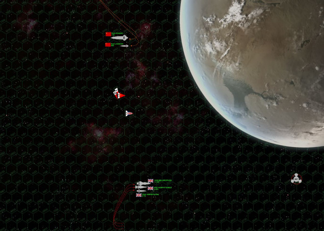 The Panasians are setting a shallow zig-zag course down along the planet, hoping to use the gravity and  atmosphere of the planet to at least screen the battleship’s stern somewhat.  Both sides now present broadsides at 2700 km, which should be terrifying for the British … but the ENTIRE Panasian volley misses.  This is fortunate for the British, since Red Tiger’s initial forward barrage actually scored three lucky hits which left Indefatigable’s starboard bow heavily mauled.  But now the Panasians have fired off a huge wave of torpedoes … relatively poor torpedoes that are easy to shoot down, don’t hit often, and don’t do much damage, but there are almost SEVENTY of them coming at the British …      