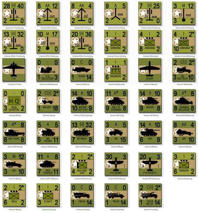 American units for use in the web game.  Each piece is a platoon of 5 tanks or about 50 men.  We're looking at all the unit TYPES here, there will be hundreds of counters in all on the map.  I should say these counters are the start of a complete library for US forces in ETO 1944-45, not all of it will be used on OMAHA BEACH specifically.