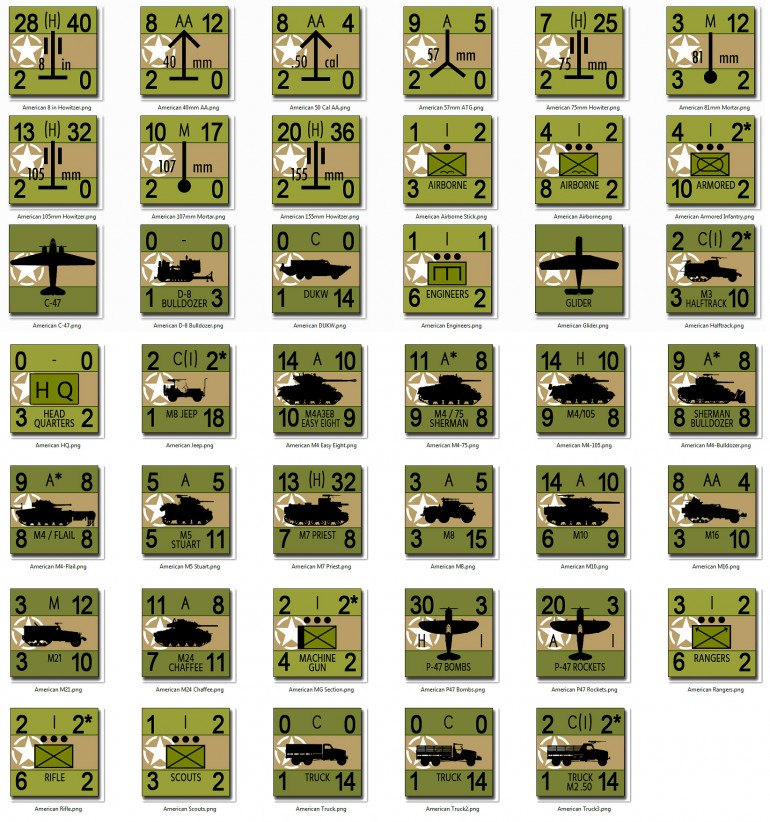 American units for use in the web game.  Each piece is a platoon of 5 tanks or about 50 men.  We're looking at all the unit TYPES here, there will be hundreds of counters in all on the map.  I should say these counters are the start of a complete library for US forces in ETO 1944-45, not all of it will be used on OMAHA BEACH specifically.