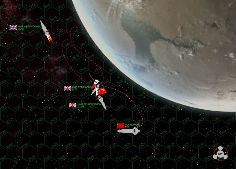 The Red Tiger doggedly continues to “staircase” down the planet’s surface, using the planet’s gravity to tug her bulk just a little closer to the atmosphere and thus hopefully SLIGHTLY more protected.  As the Indomitable drifts upward (although only moving two hexes a turn, or six kilometers per second), she actually slips into a semi-stable orbit of the planet, but barely missing being pulled down into the atmosphere and destroyed forever.    She will be thrown clear on Turn 8.  Meanwhile, the vengeful Bellerophon and Terpsichore cut hard turns to port to pursue the lumbering Panasian giant.  They will always outmaneuver her, but the Red Tiger can always outshoot them, even with only half her guns (presuming the British stay behind her and never allow her to use her forward batteries).