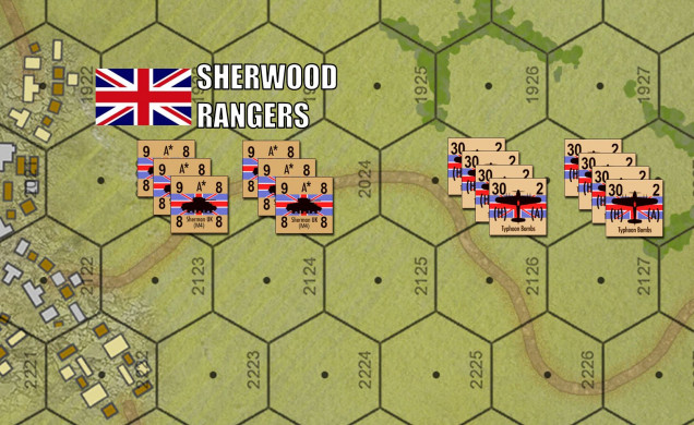 Sounds like a tall order.  Fortunately, support is close behind.  These two squadrons (companies) of the Sherwood Rangers were actually supposed to land at 07:20, five minutes BEFORE the first infantry leapt from the Higgins boats.  Didn’t happen, they arrived late, but they will arrive.  Of course we have plenty of air support for the British as well.  I made sure to include an EVEN number of air strike counters so Damon and Brucelea can split them evenly.  No fighting over the Typhoons, please!