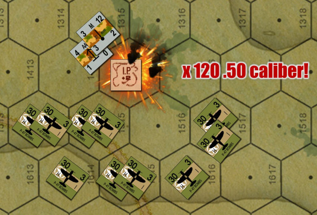 After P-47s drop bombs, they can linger on the board for four turns and make strafing attacks with their guns.  30 = their bomb attack (once), 3 = their MG attack (four times).  These guys are massing for a huge strafing attack on German battalion 8.0cm mortars and a 2.0cm FlaK pit.  Each counter = x2 planes, and each plane carried x6 .50 cal HMGs.  So that’s 120 .50 cals coming in hot!  Yeah, those German light artillery positions are toast.  