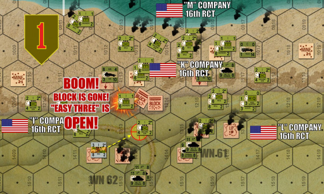 Further east, at the very edge of the assault zone, there comes the first REAL CRACK in the Omaha Atlantic Wall.  One platoon from “A” Company / 37th Engineer Combat Battalion has reached the block at “Easy Three” draw and blown it sky friggin’ high with a successful 1-2 roll on a d6.  Meanwhile, the weapons section from “Ida” Company / 3rd Battalion / 16th RCT / 1st Infantry Division has occupied the objective hex at the other side of the draw.   THAT’S IT!  The first draw is open!   