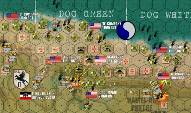 Dog Green and Dog White beaches at the end of Turn Five, ONE HOUR into the Normandy assault.  They are tightening the noose on WN71, but it’s still causing casualties as the Americans struggle up the Vierville bluffs.  The third wave is ashore (“C” and “D” Companies / 116th RCT) but as you see, landings are still chaotic.