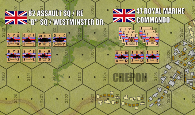 Not gonna lie, I am cheating here SLIGHTLY when it comes to the timing of these units.  The mish-mash of 82nd Assault Squadron / 6th Royal Engineers and scattered elements of “B” Squadron, Westminster Dragoons were there at the outset to help the infantry on the beach.  I don’t think they had any AVREs, though.  The flails, the bobbins were there, though, and will help with getting British vehicles off the beach and clearing German minefields.  The Bridges and the AVREs show up later in the afternoon, but like I said, cheating SLIGHTLY and including a sample of these units just to show them off in the game.  Same with the 47th Commando.  These guys will show up late in the game, but still far sooner than their historical 14:00 hours would indicate.