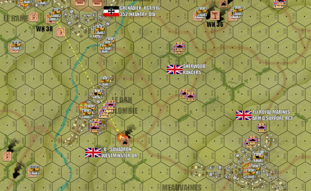 Turn 8:  With more armor on the beach, the British now break deep inland, curling southwest (exactly as was done historically) to push for objective hexes in the German backfield.