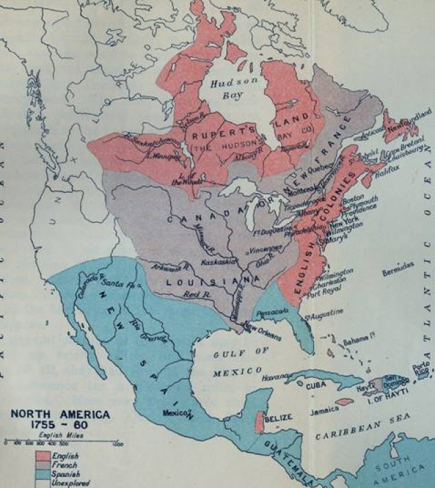 A Very Basic Map of North America, note Louisiana is shown far bigger than it actually was. Owning a lot of land on paper and being able to control it are far different things. Lousianna would later be sold by France (with funds managed by British Bankers) to the Americans to fund an invasion of Britain.