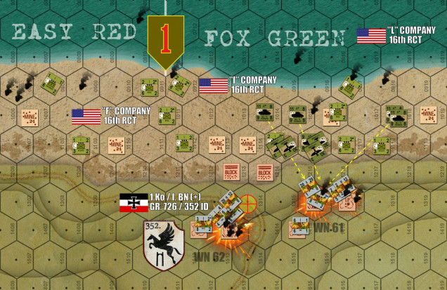 On the opposite end of the beach, the 16th RCT / 1st Infantry Division has really caught a break here.  A volley from the battleship USS Texas has scored some amazing hits and positively EMPTIED Wiederstandnester 62, while a P-47 airstrike and even some tanks have pummeled the Germans in Wiederstandnester 61.  Resistance here is not broken, but it has been very badly weakened through some frankly VERY lucky dice rolls.  Not so lucky are the Americans still struggling shore, being positively liquified by consistent German artillery firing from further inland.  Making the artillery doubly effective is the 