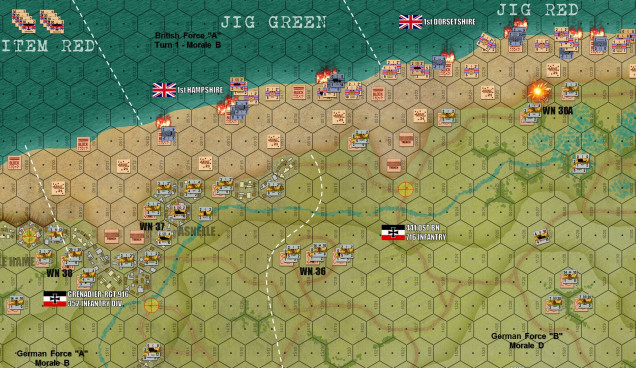 Initial Landings.  Already British losses are horrific to German fire and beach obstacles.