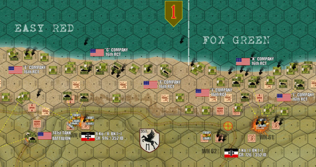 The second major wave (second echelon of life rifle companies) makes it ashore in the 16 RCT / 1st Infantry Division sector to the east.  No gaps have been opened in the beach obstacles yet (every beach landing hex is assumed to have obstacles in it) so every American unit still has to make a survival roll as it lands.  Note at lower left, two Sherman platoons (10 tanks) have snuck through a gap in the shingle opened by dozers to actually take one objective hex.  It's still behind that block, though, I need to get engineers to it to blow it before the draw is considered open and I get the points for the objective (only engineers can blow a block counter, Sherman dozers cannot do this).