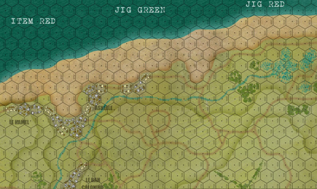 So here is the top third of the map.  Each hex is 150 meters across, and so would fit two 6' Bolt Action tables end-to-end, or one 5' Flames of War table.  We're going to be landing three battalions of infantry here, plus commandos, plus two squadrons of tanks, AVREs, etc. In all, about 2200 men and 30 tanks, plus bulldozers, flails, maybe even a platoon of AVRE Churchills (if we cheat slightly with the strict historical timeline and landing schedule).        