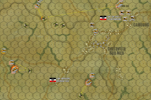 Finally on Turn 3, German artillery starts to slacken a LITTLE.  This is because P-47s that dropped their ordinance are allowed to linger on the table for strafing attacks, or conduct spotting missions if a German unit fires from under cover within ten hexes.  Well, the first planes bombed on Turn 1, spot on Turn 2, which means they can direct third-wave air strikes on Turn 3 to hit at least some of these 10.5cm howitzer positions.  Of course every howitzer battery has at least a 2.0cm FlaK protecting it ... But at last at least a third of the German artillery is silenced.  The problem is the Americans only have SO MANY air strikes ... 