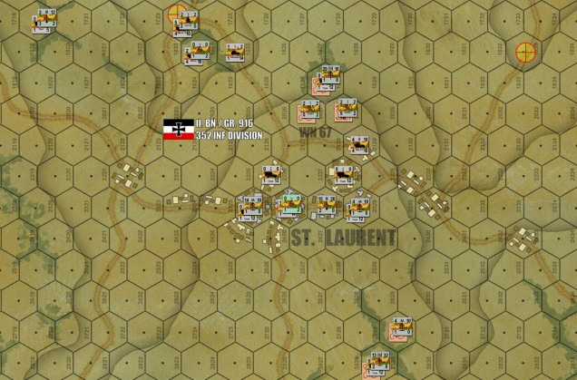 German defenses are actually extremely brittle.  When you make up German units as they actually were, and try to deploy them along a battlefield of the proper scale, you realize how thin they were.  True, 352nd Division was reinforced, but they were also expected to defend 33 miles of beach, an absurdly huge frontage for a single division in the field.  Here is the limit of their reserves.  Couriers on bicycles, empty trucks and horse-drawn wagons, flak troops, and so on.  There are some nice regimental 12.0 cm mortars back here, along with the 10.5 cm howitzers of I.Bn/Artillery Regiment 352.