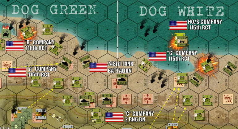 The good and bad news on the American right (west).  Note that survivors of C Company / 2nd Ranger Battalion are now off the beach and climbing the bluffs.  I anticipate the first actual American close assault on Turn 4.  However, Brigadier General Cota seems to be out of the battle!  Note that the HQ Company of the 116th Regimental Combat Team has been blown up trying to come ashore (bright green counter, upper left)!  Oddly, this reverses history, where 