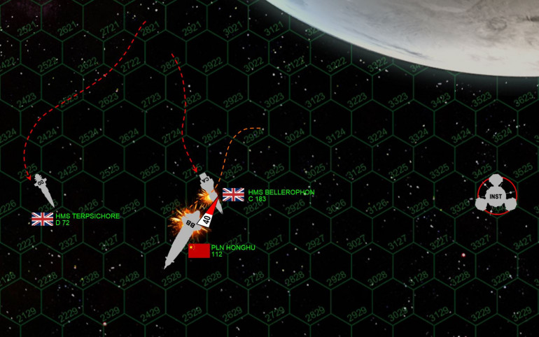 No guts, no glory.  The Bellerophon closes to point-blank range for a second broadside directly into the battleship’s stern.  A gutsy move, and perhaps even the correct one, if she still had a light cruiser or her destroyer escort doing the same thing at the same time.  The Bellerophon’s prow is all but blown clean off, her starboard bow cored like an apple, starboard bow shields collapsing, and fires now started on the bridge.  Forward magazines have exploded, mass driver mounts are gone, hangars are gone, sensors and maneuvering thrusters are gone … core damage also means there is heavy losses among the crew, in fact she already has a 75% chance of being forced out of the action.  But the “Billy Ruffian” stands tall, Damon rolls a 92 percentile dice.  SHE IS STAYING IN ‘TIL THE FIGHT’S DONE! 