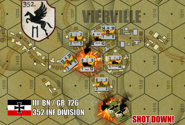 Other parts of the attack aren’t going so well.  German 2.0cm flak (both a quad-array battery and more mounted on SdKfz-10/4 halftracks) have shot down not one but TWO P-47 counters (up to four aircraft in all).  But one bombing mission finally bot in and finally silenced this regimental battery of 15.0 cm mortars.  