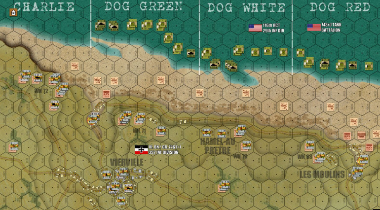 A close up of what I'm sure will be the bloodiest sector of a very bloody beach, Dog Green and Dog White, the right shoulder of the Omaha assault zone.  